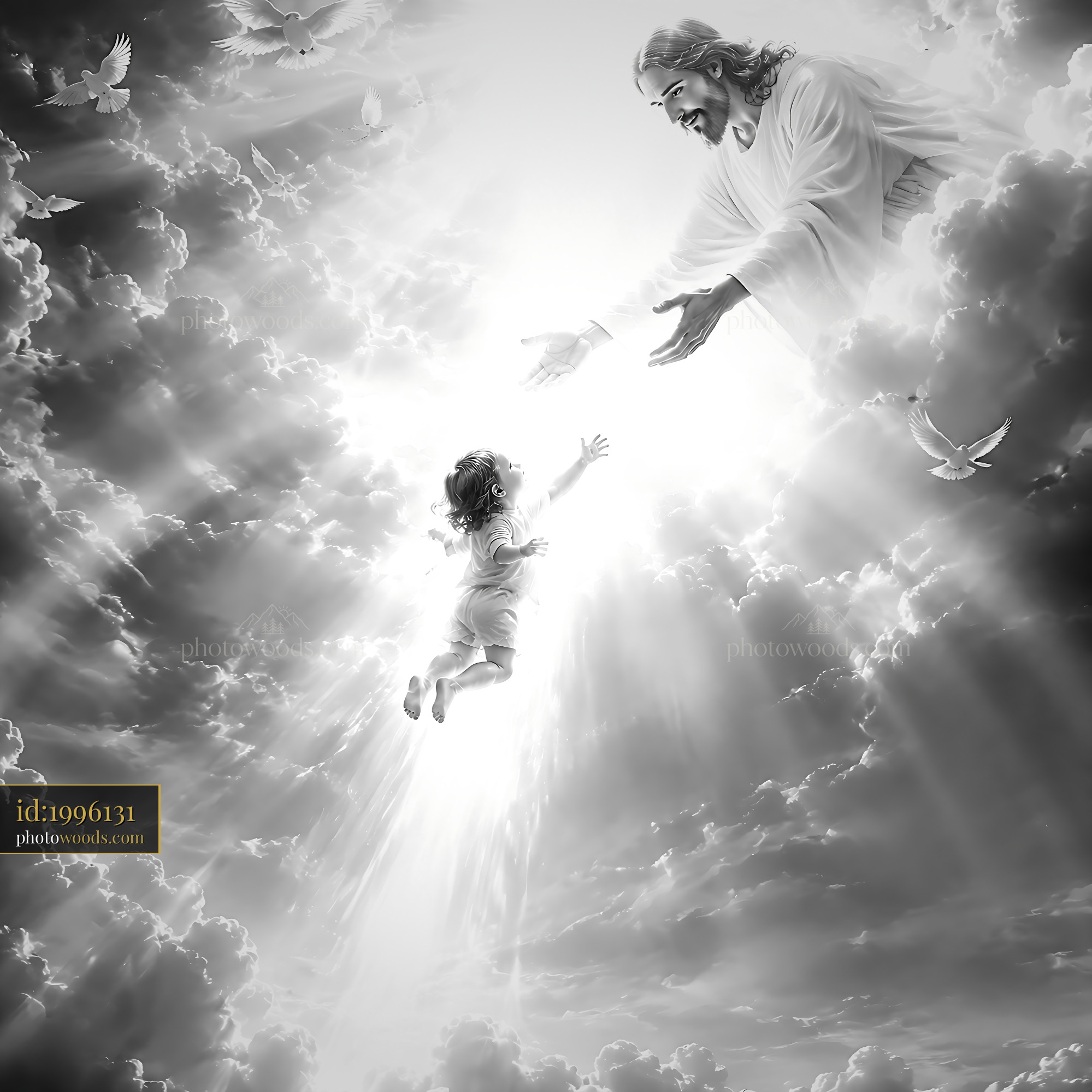 Jesus Reaches out to a Child in a Bright Sky With Clouds