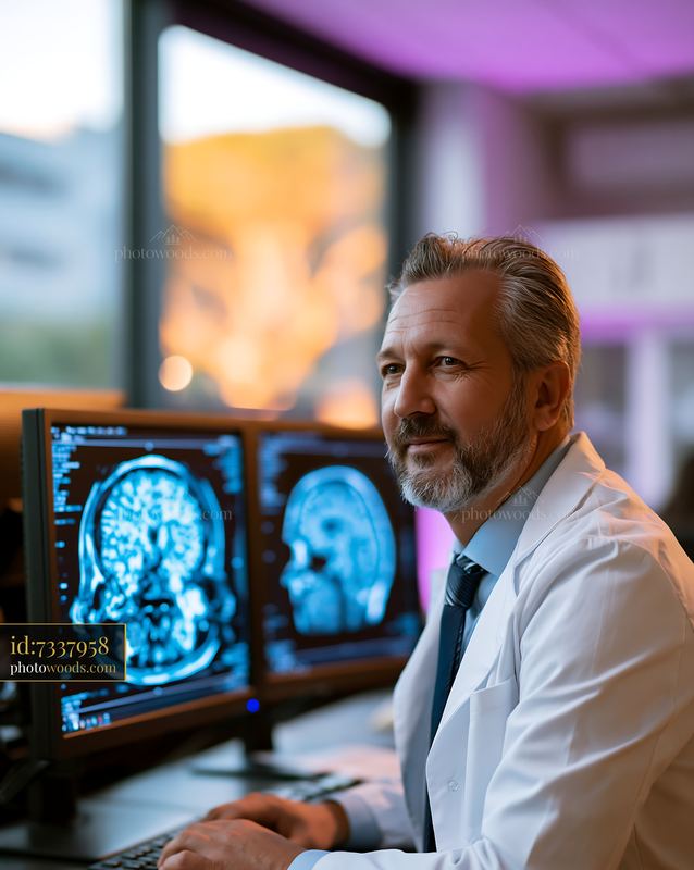 Radiologist Reviewing AI-assisted Brain Scan in Modern Clinic