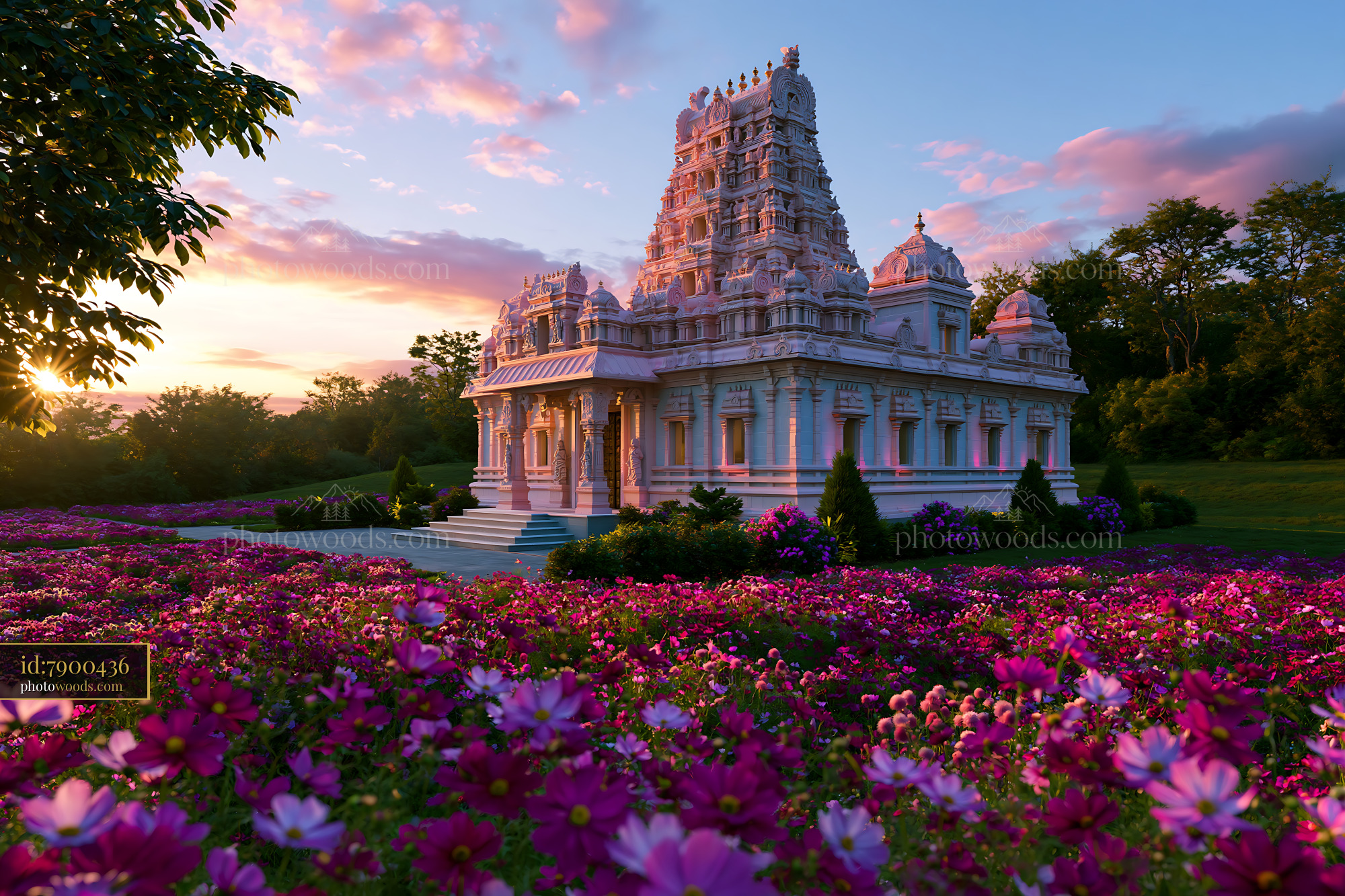 Sri S Temple at Sunset in a Colorful Flower Garden