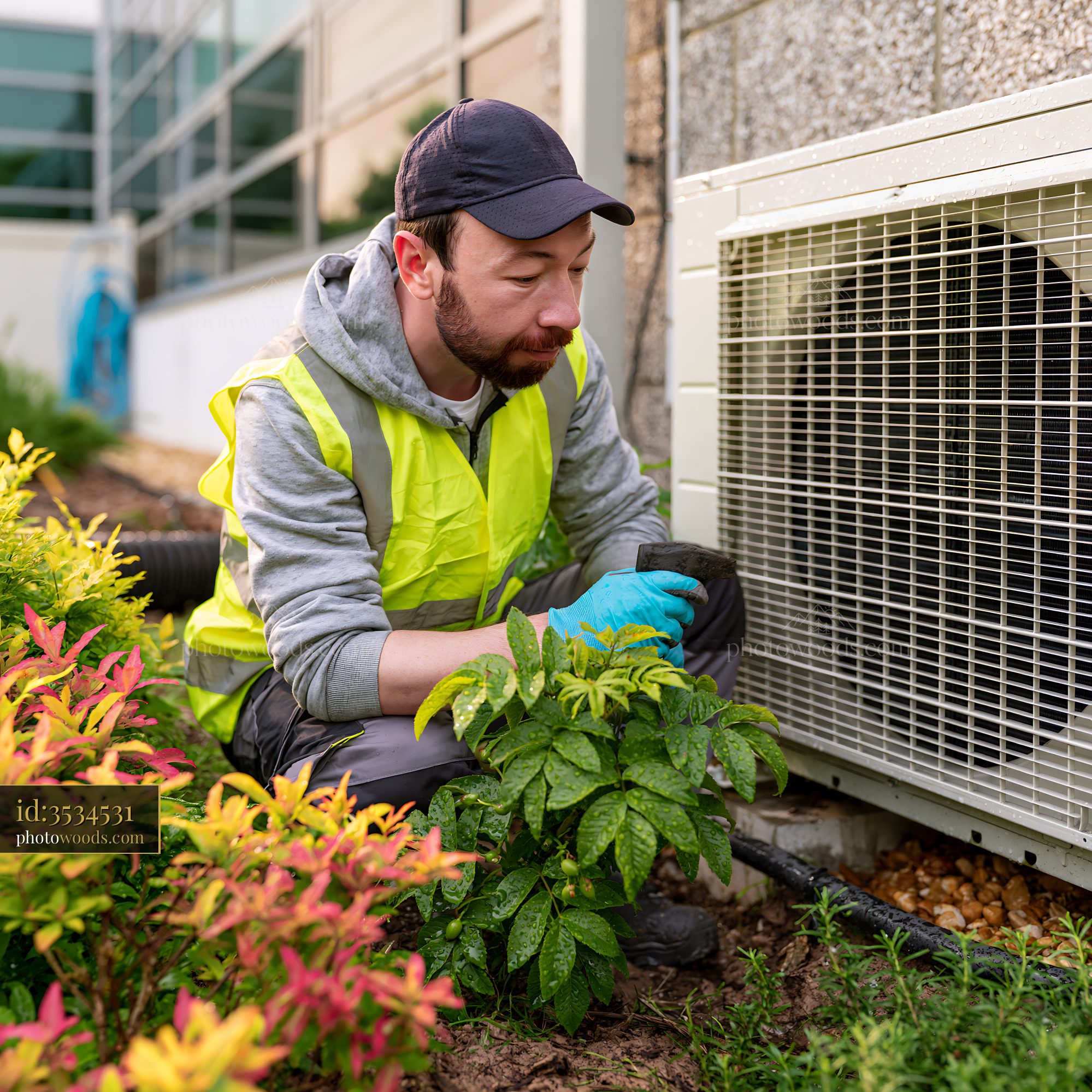 Technician Installing Heat Pump Near Plants in Outdoor Setting