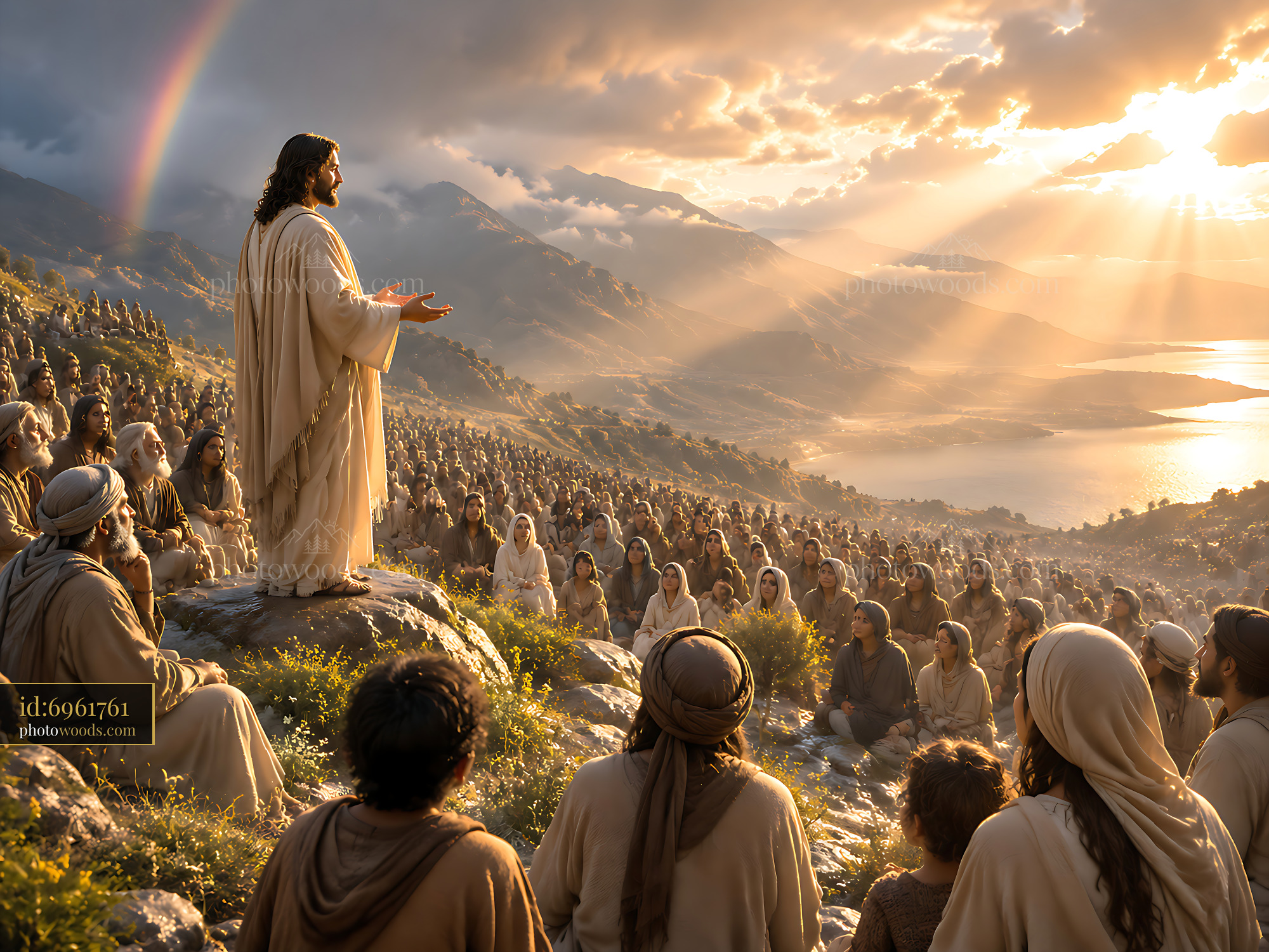 Jesus Speaking to a Large Crowd on a Hill During Sunset