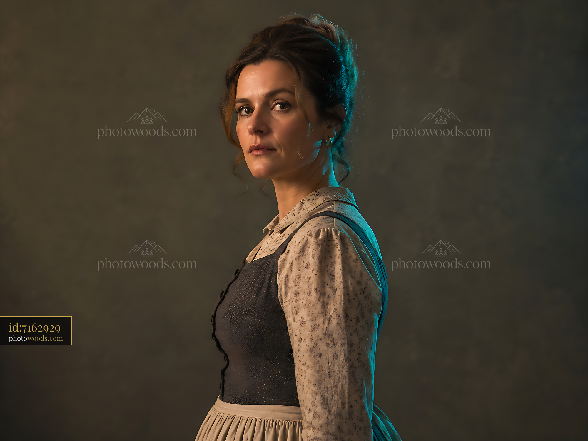 Woman in Vintage Dress Poses in Soft Light With a Serious Expression