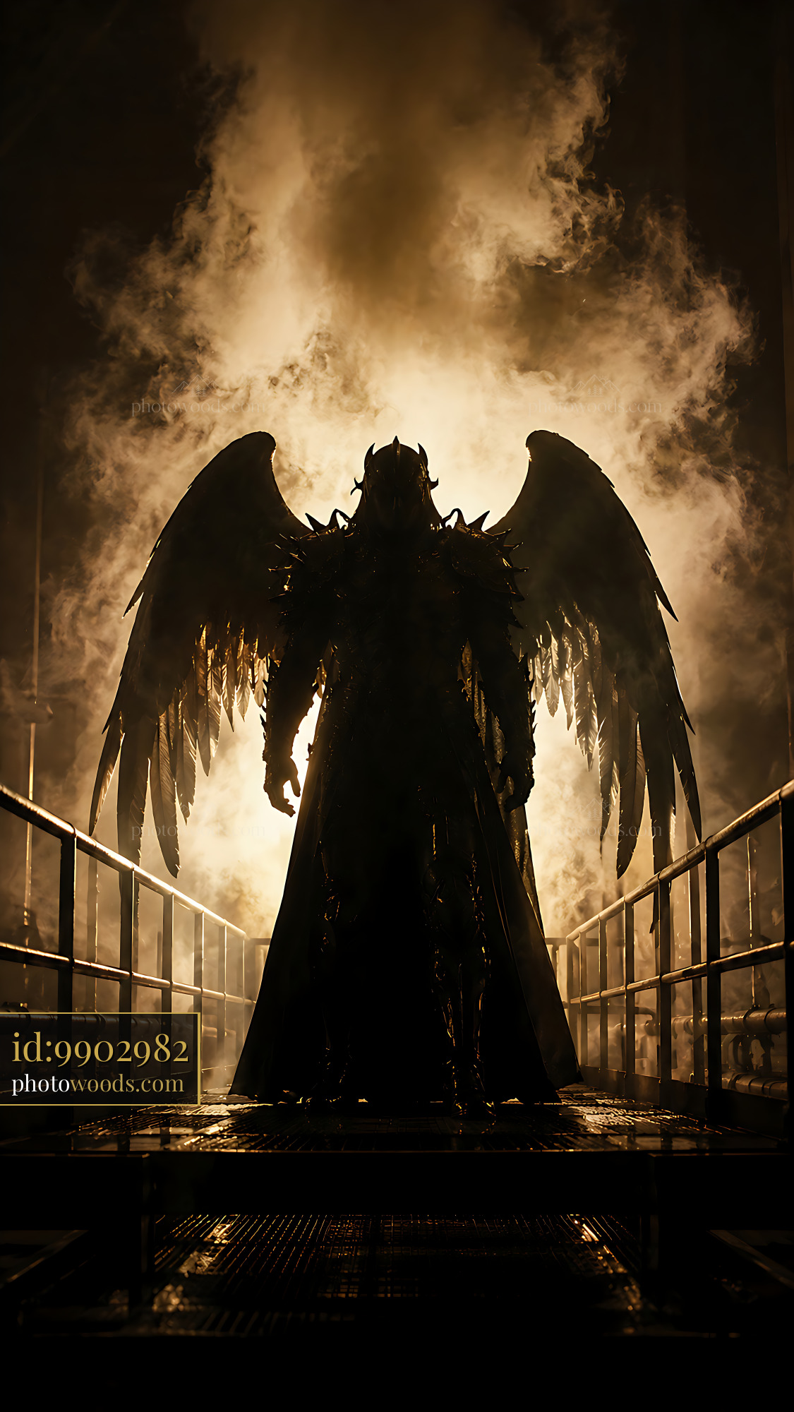 Dark Figure With Wings Stands in Fog Under Bright Light