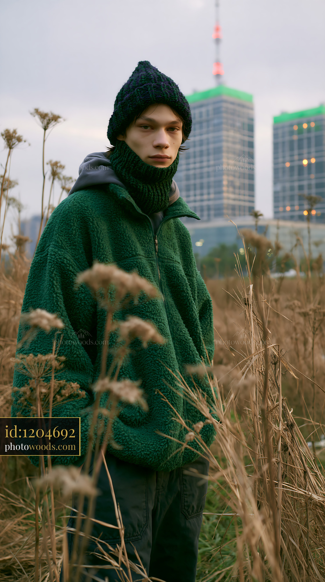 Young Man in Knitted Balaclava Stands in Tall Dry Grass