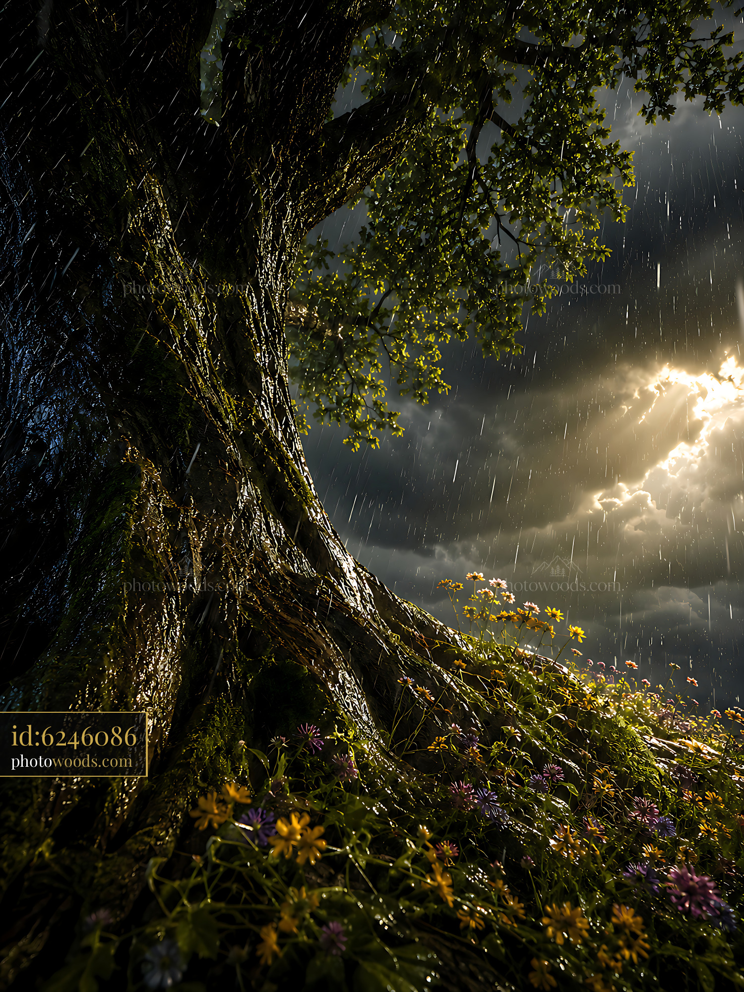 Tree Trunk With Flowers Under Rainfall and Dramatic Sky View