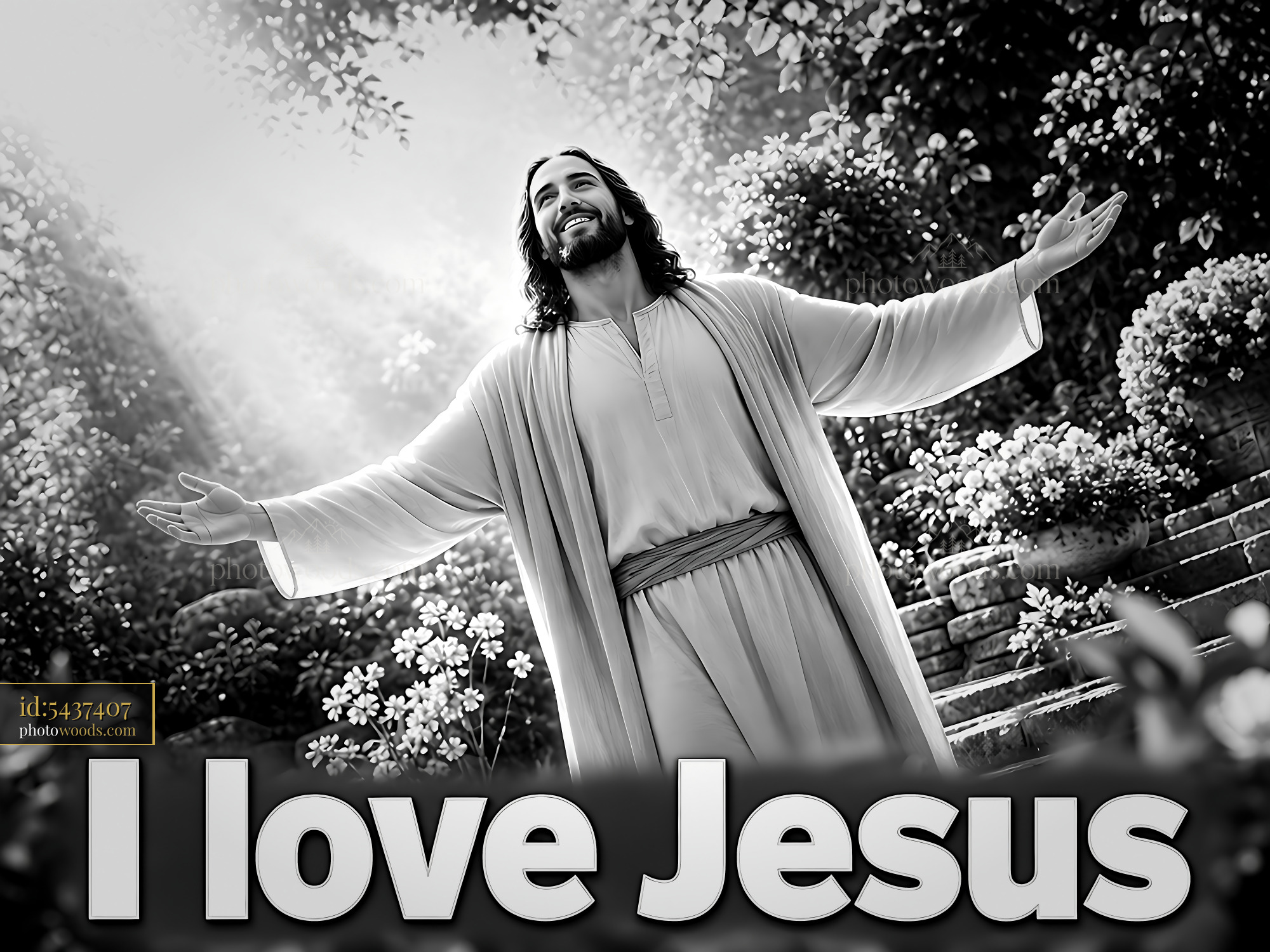 Jesus Smiles and Spreads Arms in a Garden With Sunlight