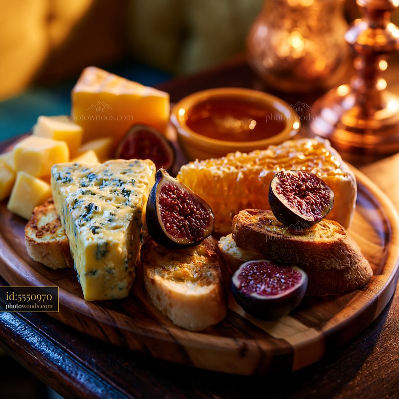 Charcuterie Board With Cheeses Figs and Honey in Warm Light