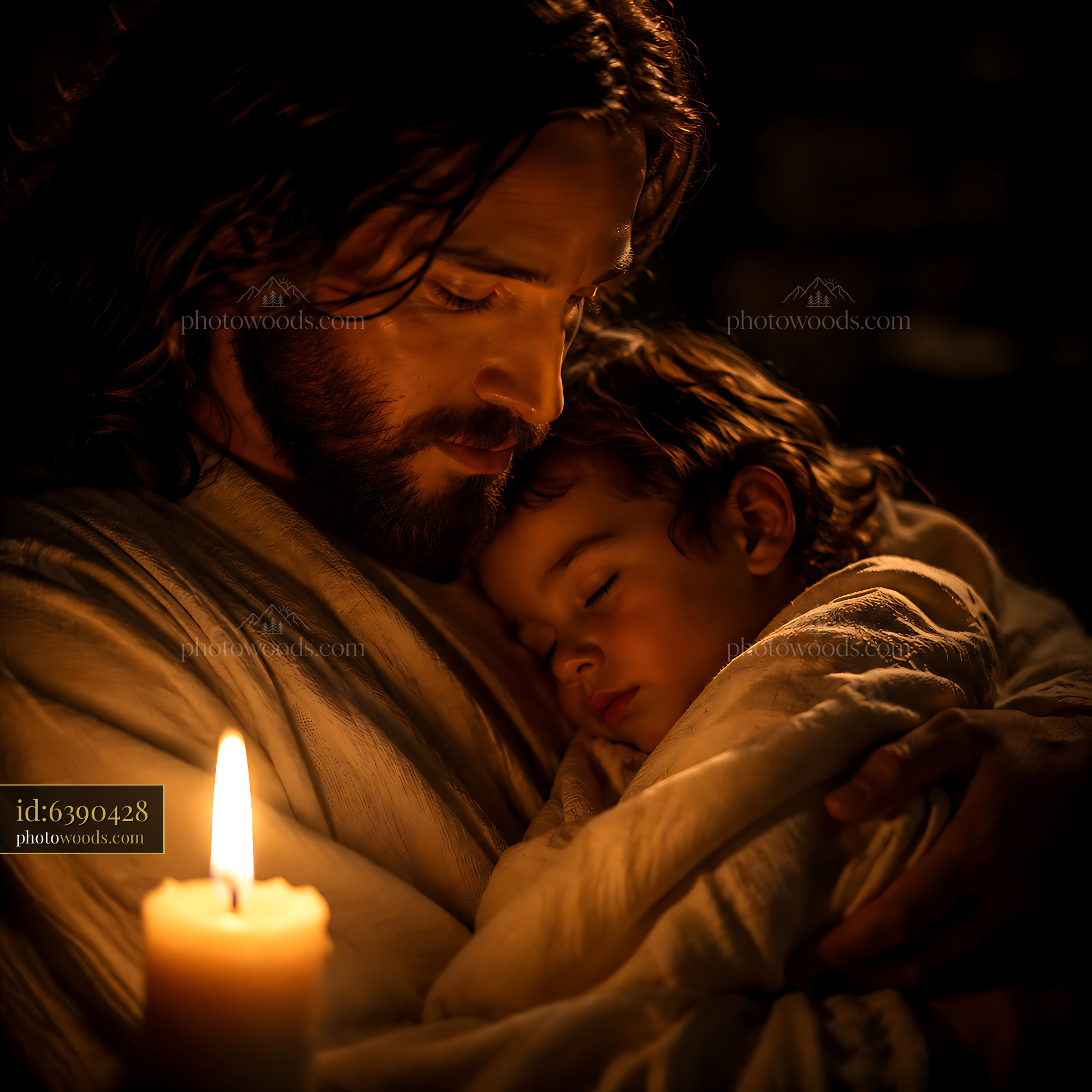 Father Holds Child Next to Candle in Dim Light