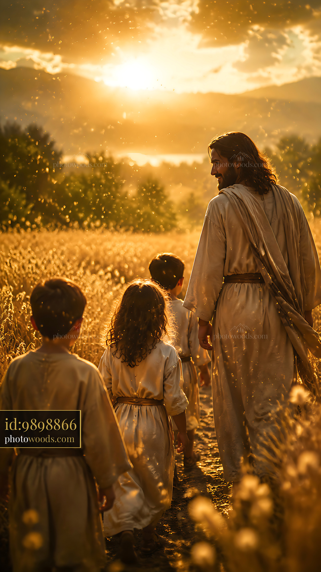 Man Walks With Children Through Golden Fields at Sunset