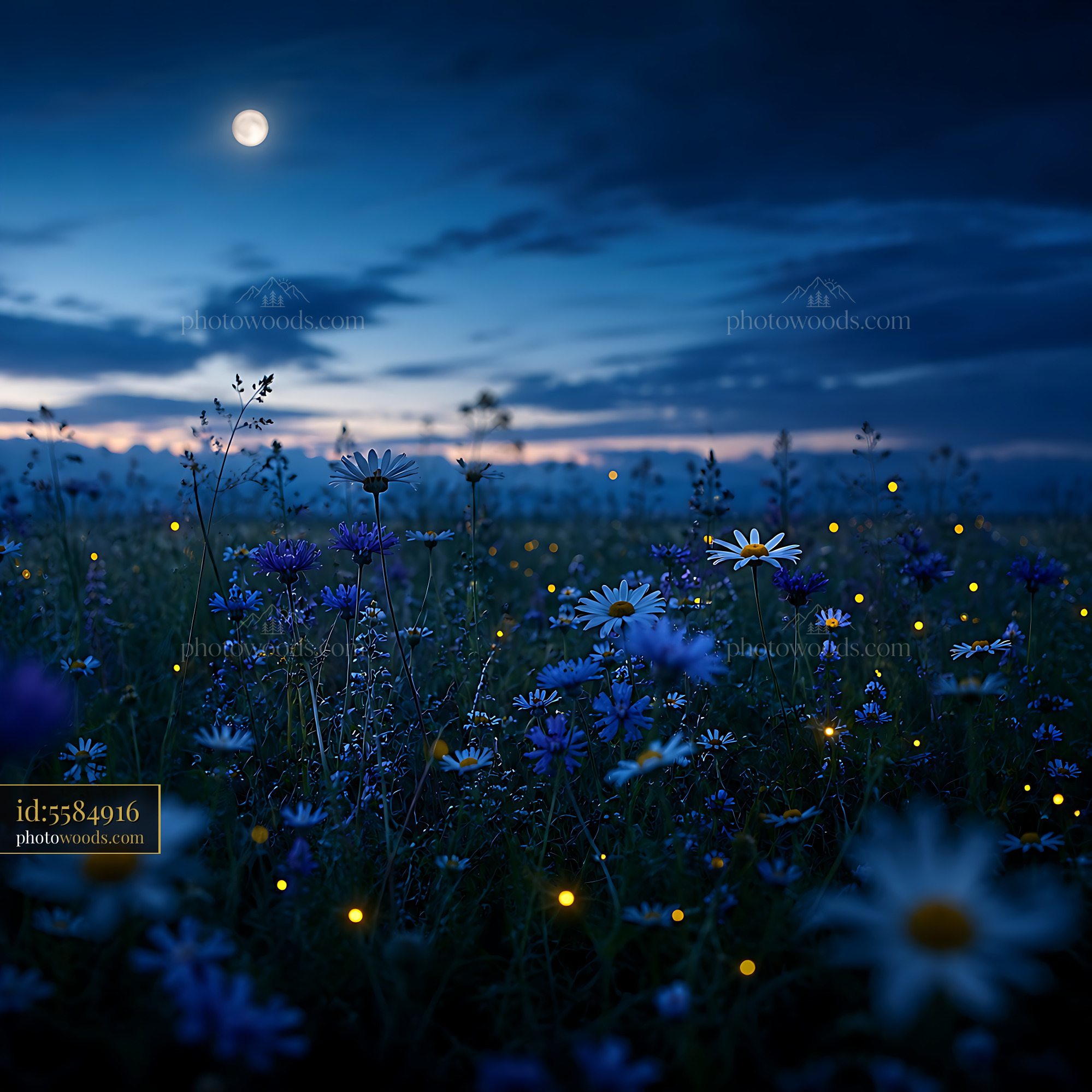 Flowers Glow Under Moonlight in a Field During Night