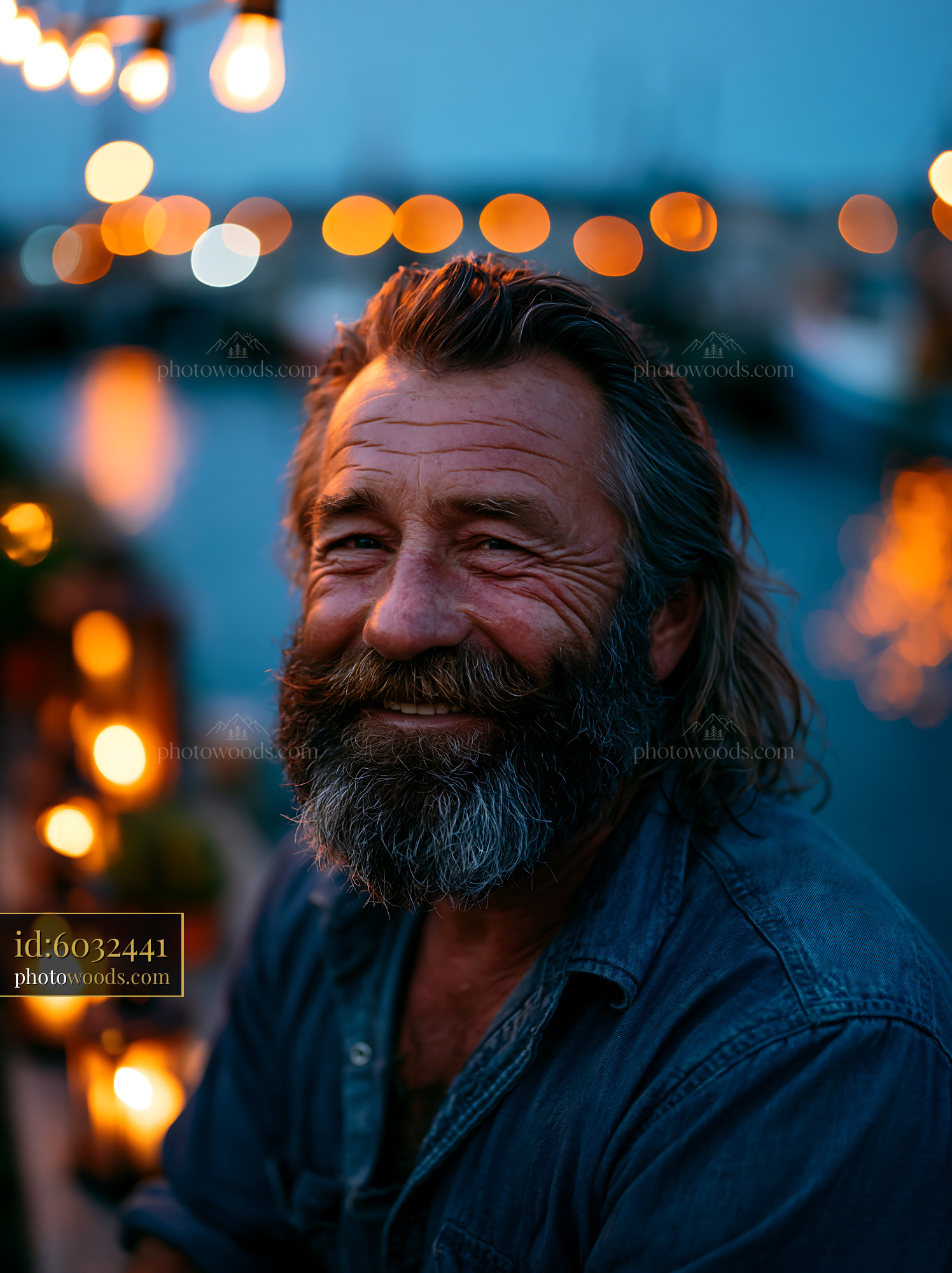 Man With Beard Smiles by the Water With Lights in the Evening