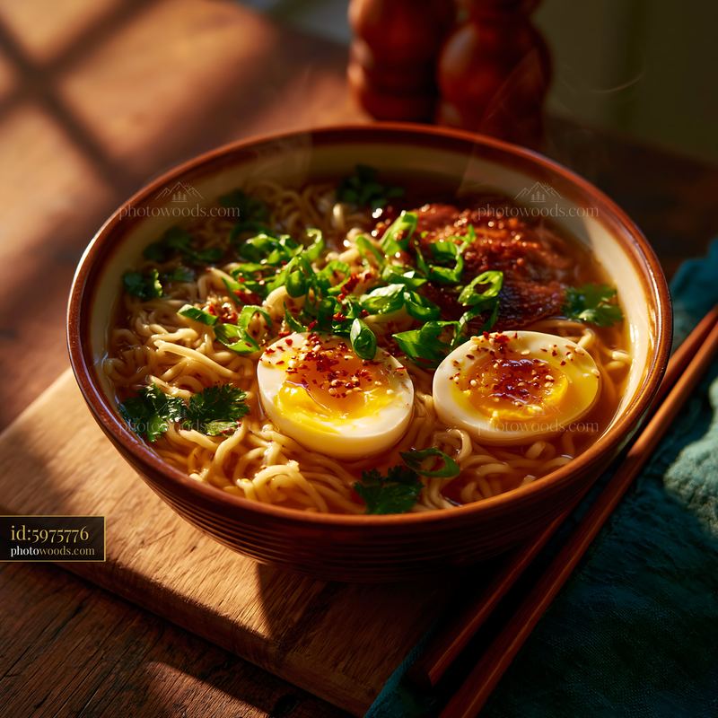 Bowl of Steaming Ramen With Soft Egg and Chashu in Warm Lighting