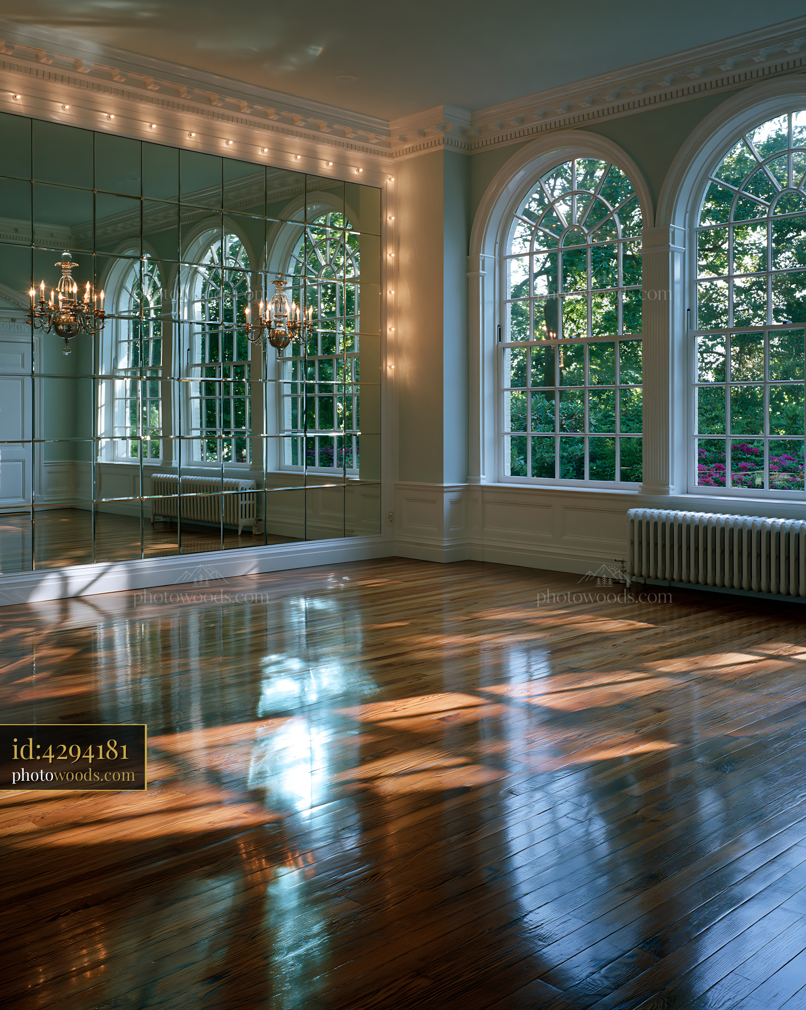 Mirrored Wall Gym Interior With Natural Light and Wooden Floors