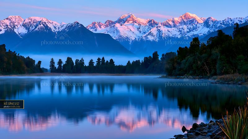 Snowy mountain range reflected in a tranquil alpine lake