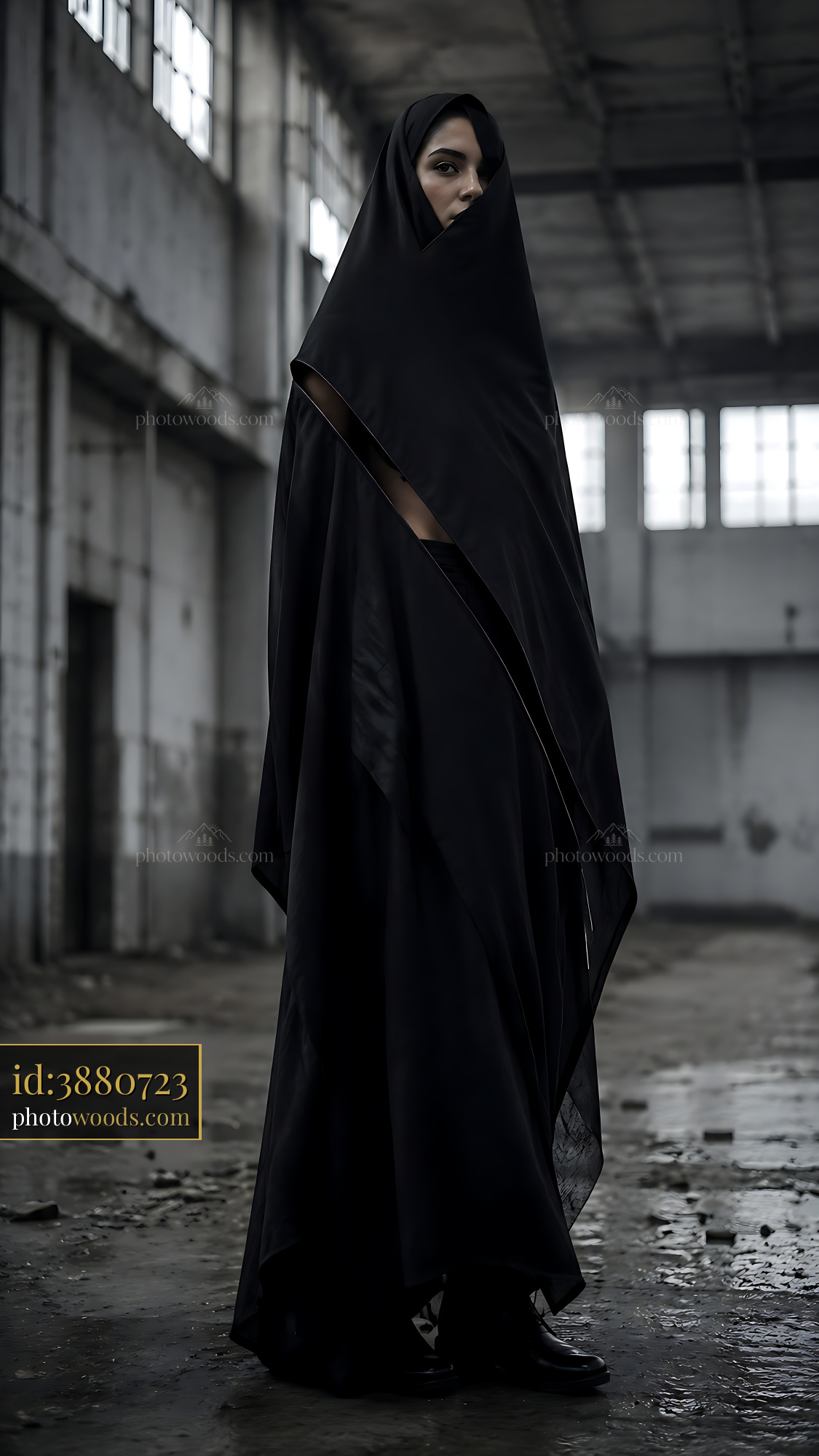 Woman in Black Cloak Stands in Empty Industrial Space