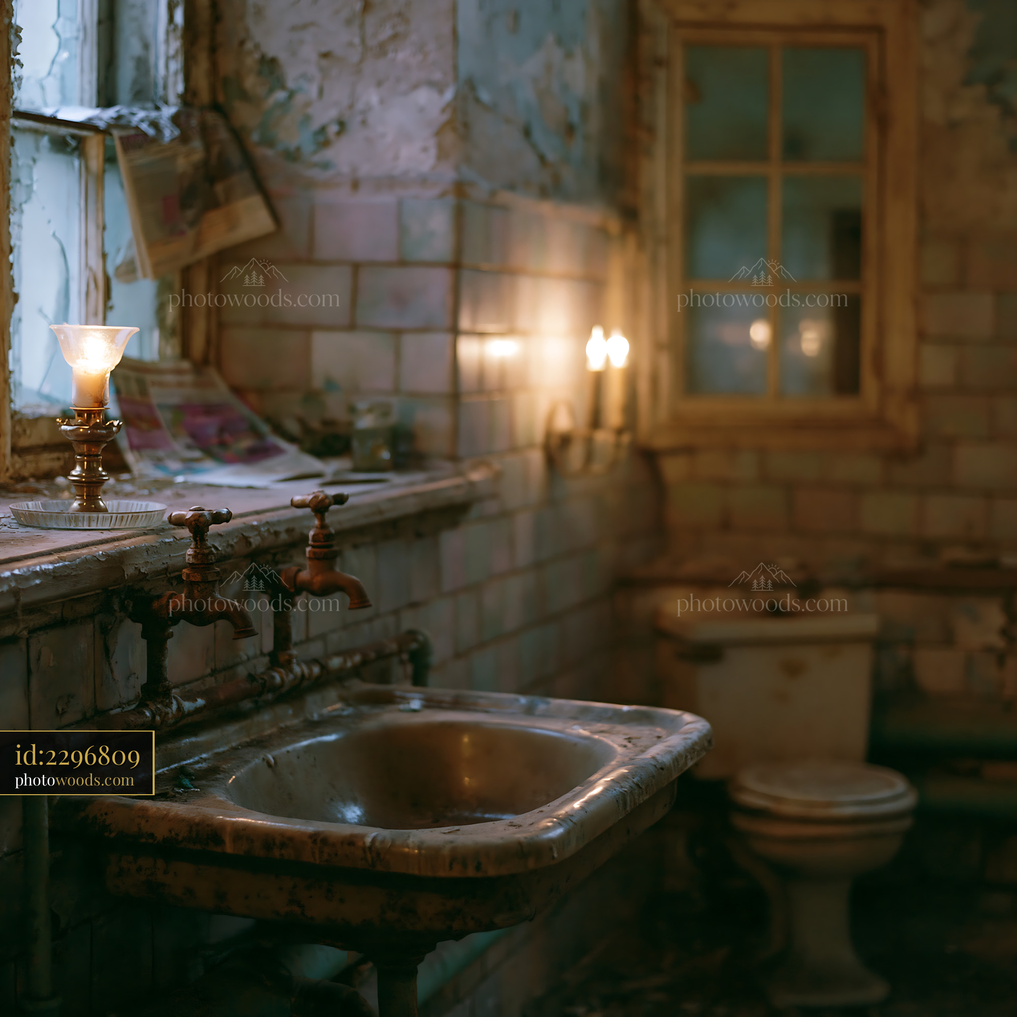 Grimy Communal Bathroom With Rusty Pipes and Dim Lighting