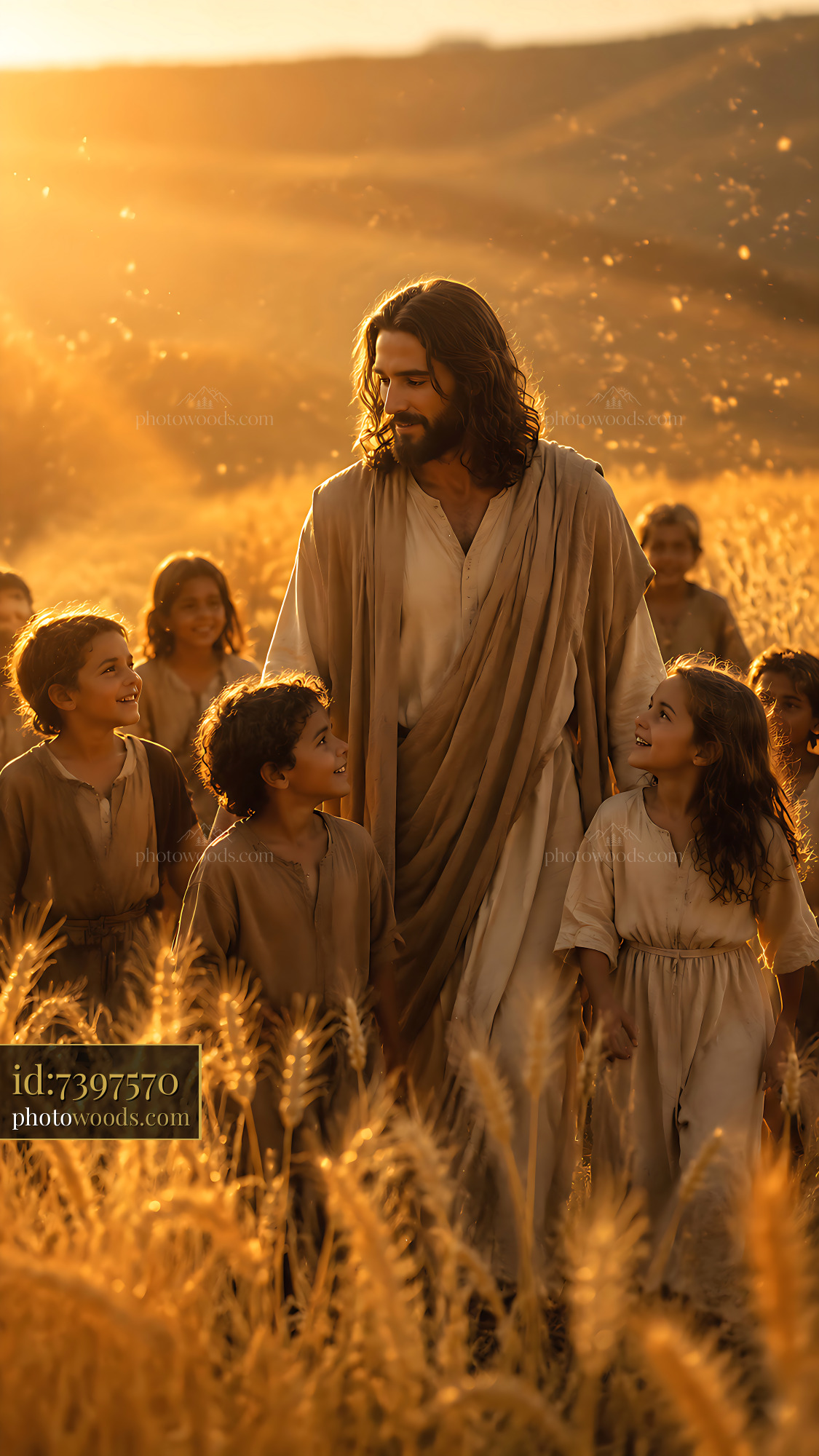 Jesus Walking With Children in a Golden Wheat Field at Sunset