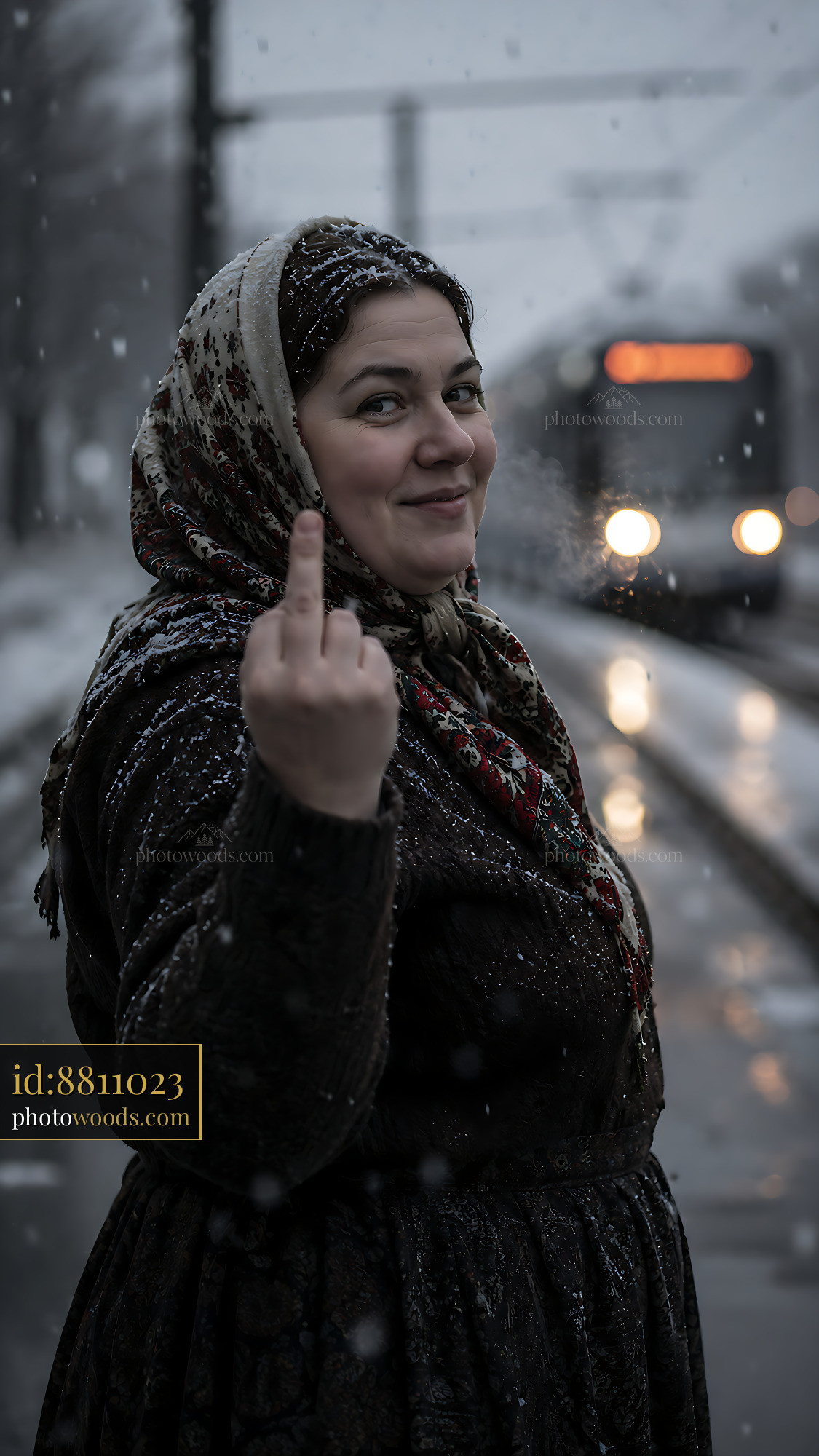 Woman on Snowy Tram Platform Showing Middle Finger in Winter