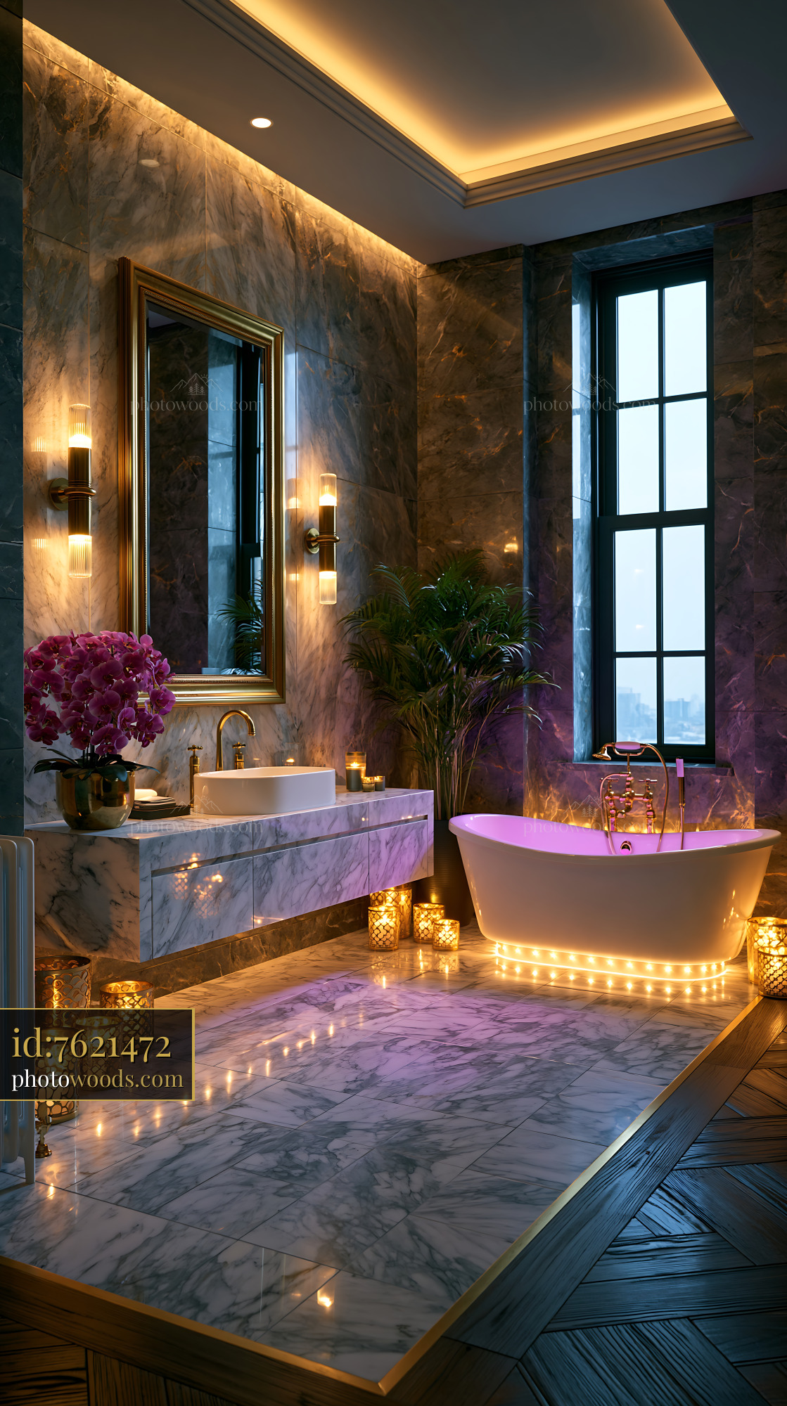 Glamorous Bathroom With Marble, Modern Decor, and Soft Lighting