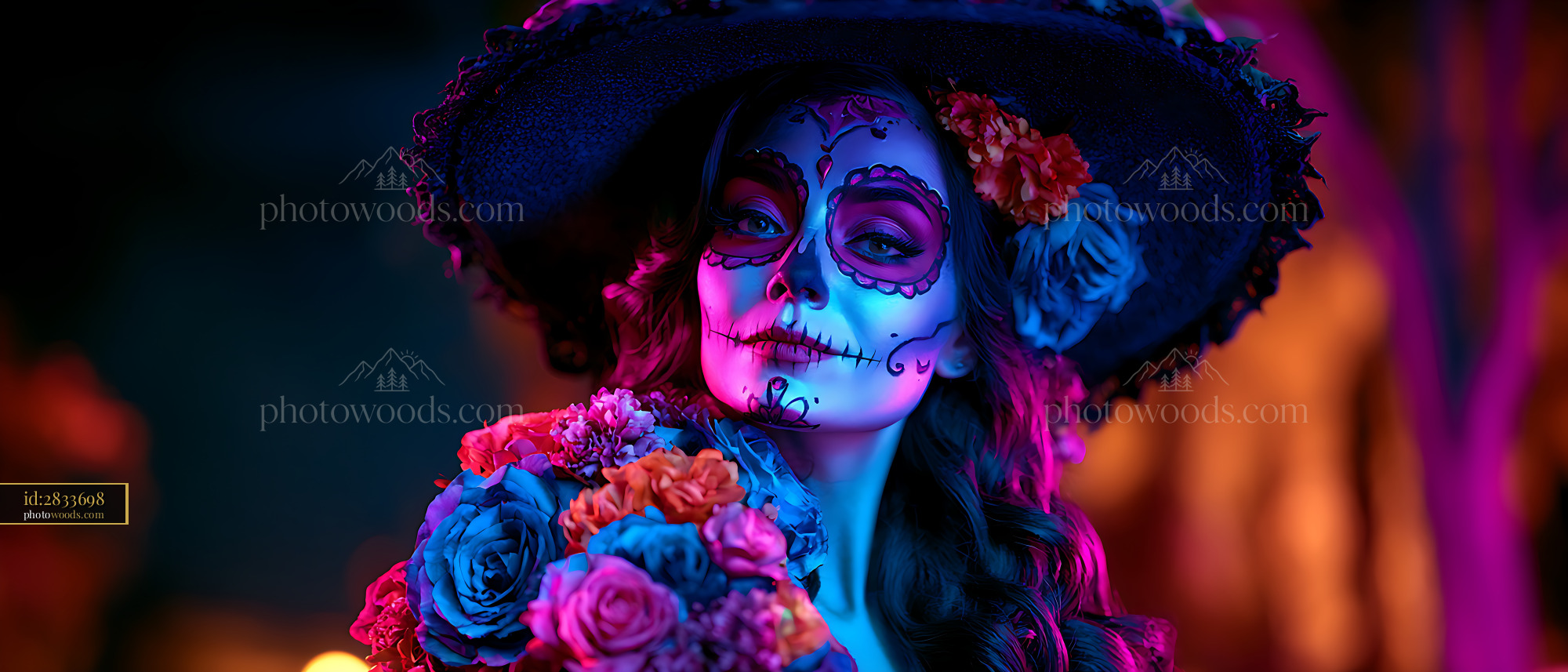 Portrait of a woman with colorful skull makeup and flower crown