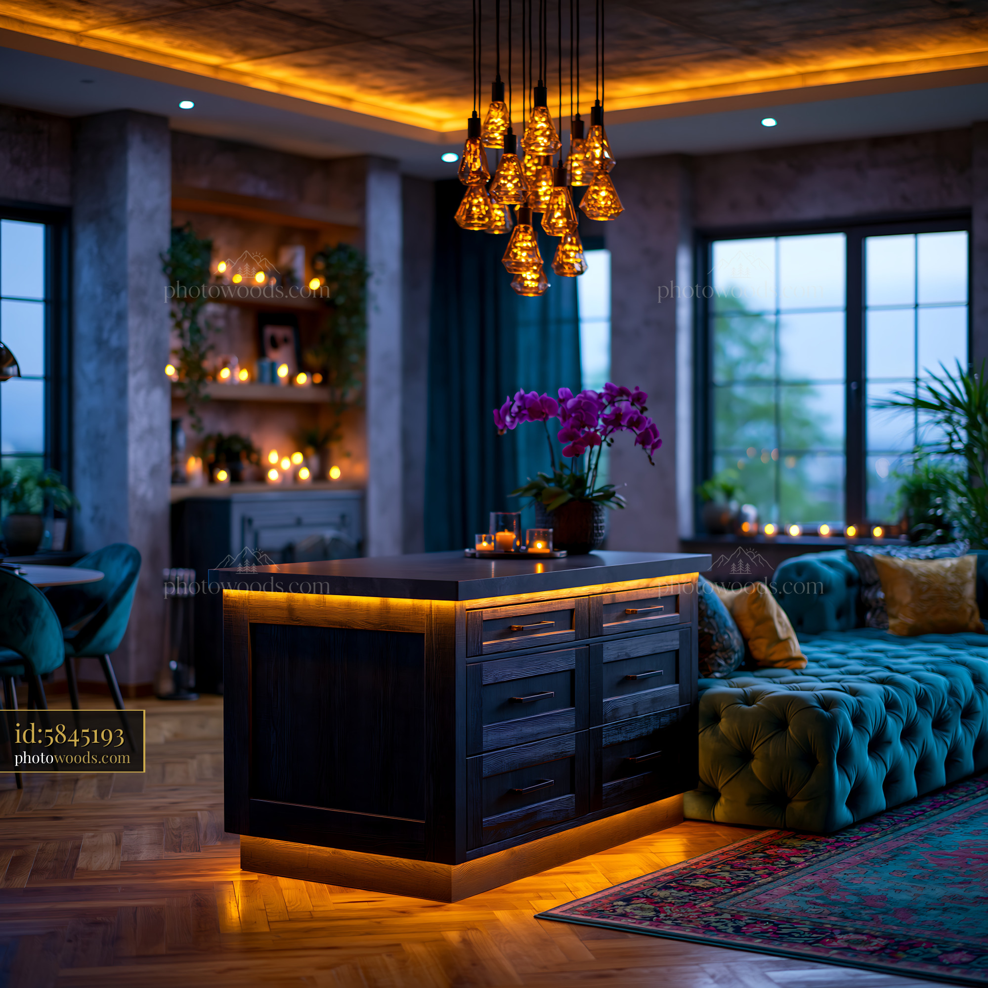 Modern Kitchen Island With Decorative Lighting in Cozy Interior