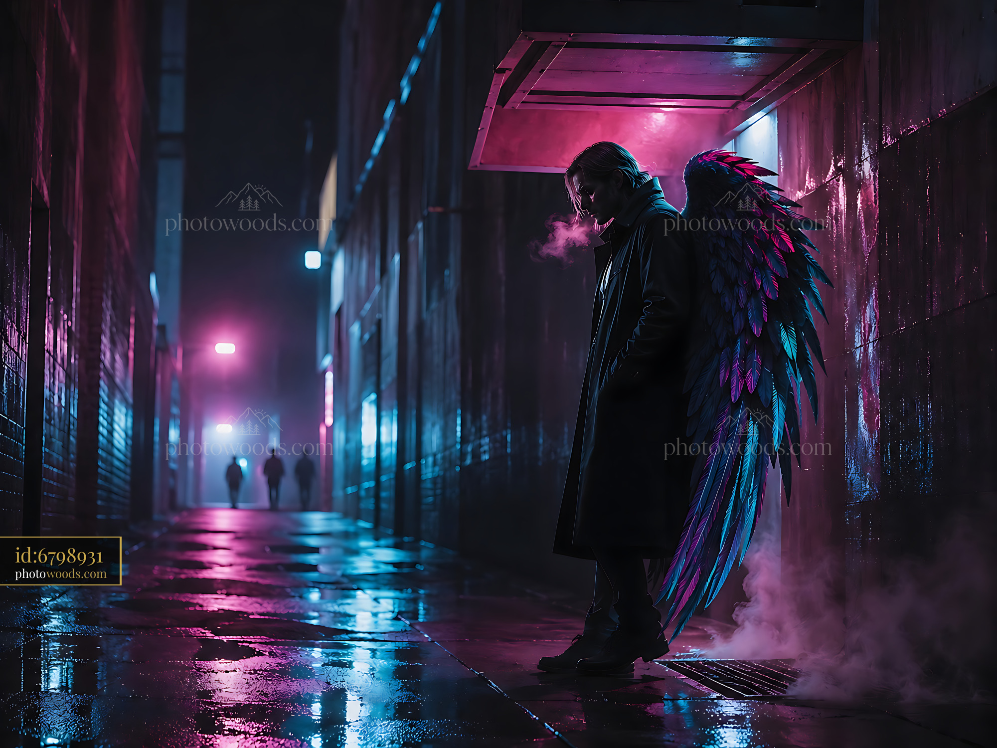 Person With Wings Stands in Alleyway at Night With Neon Lights