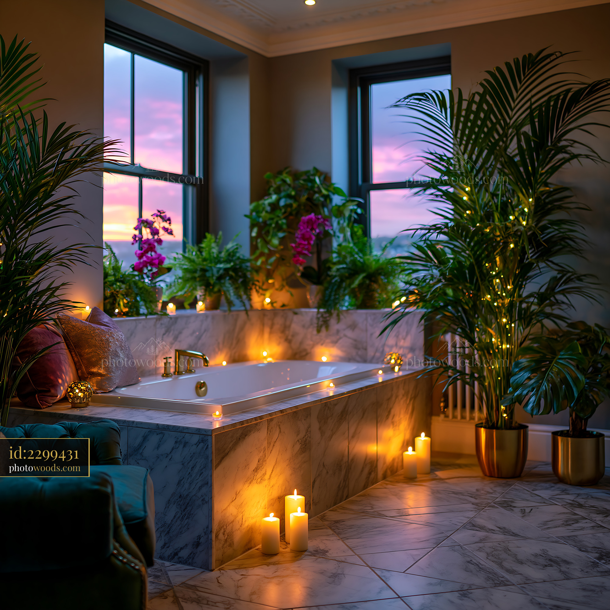 Marble Master Bathroom With Plants and Candles at Sunset