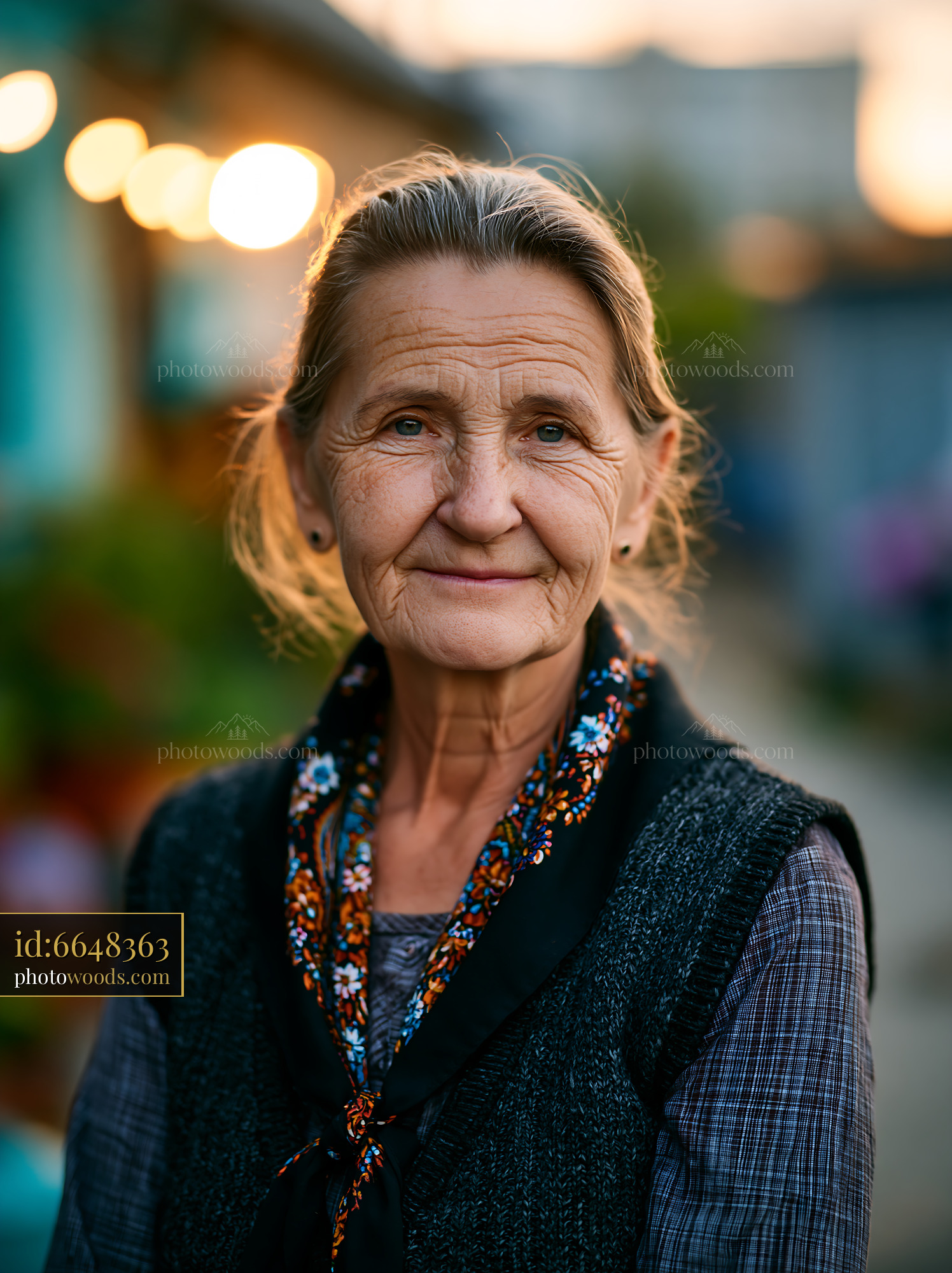 Elderly Woman Smiles Warmly in Garden With Soft Evening Light