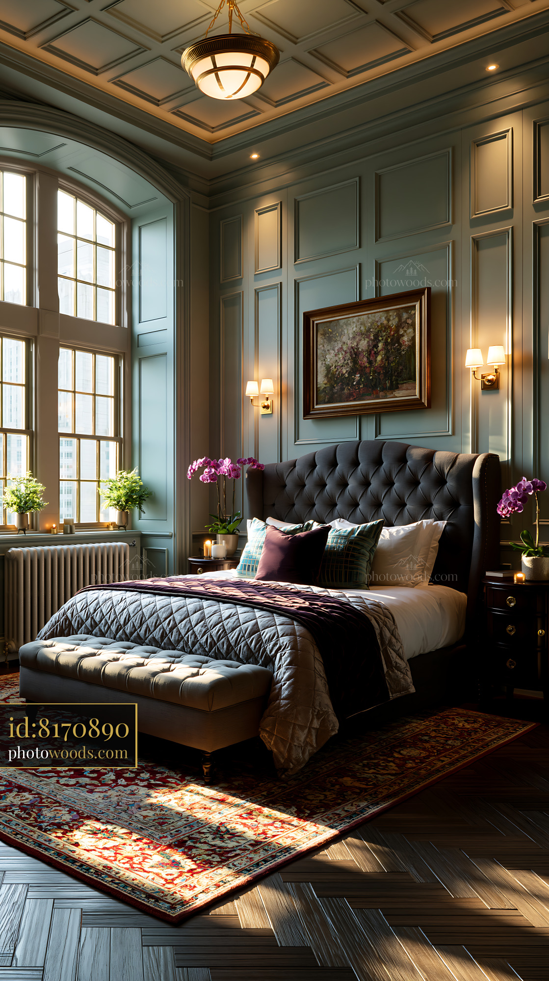 Classic Bedroom With Upholstered Walls and Art in Soft Light