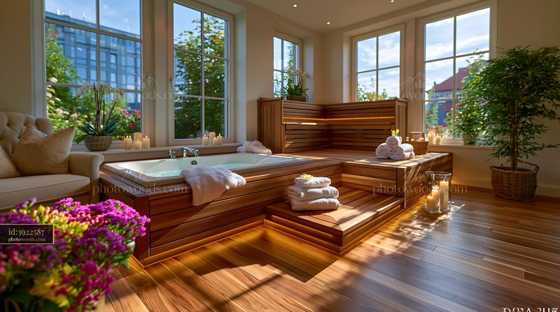 Wellness Bathroom With Integrated Sauna and Natural Lighting