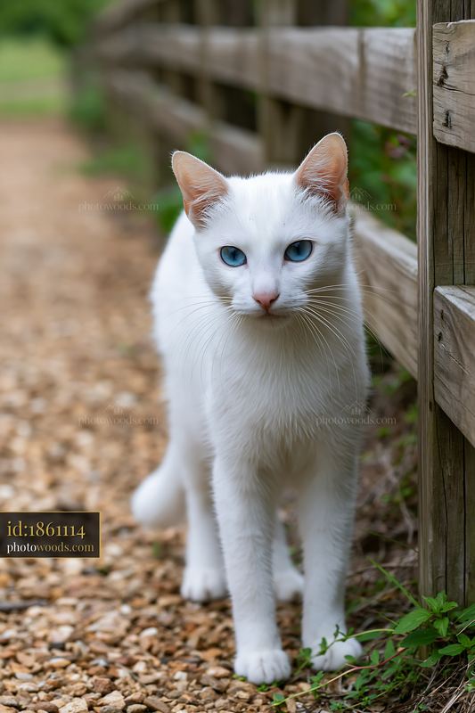 White cat standing beside a wooden fence