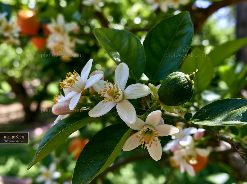 White citrus blossoms and green fruit in leafy garden
