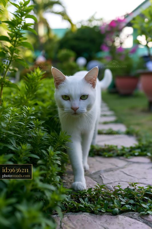 White Khao Manee cat walking through a garden