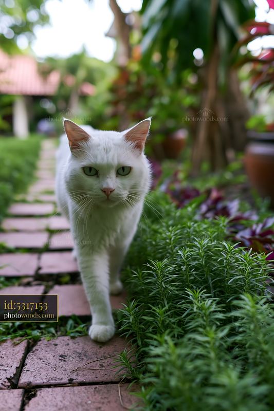 White cat walking through a lush garden