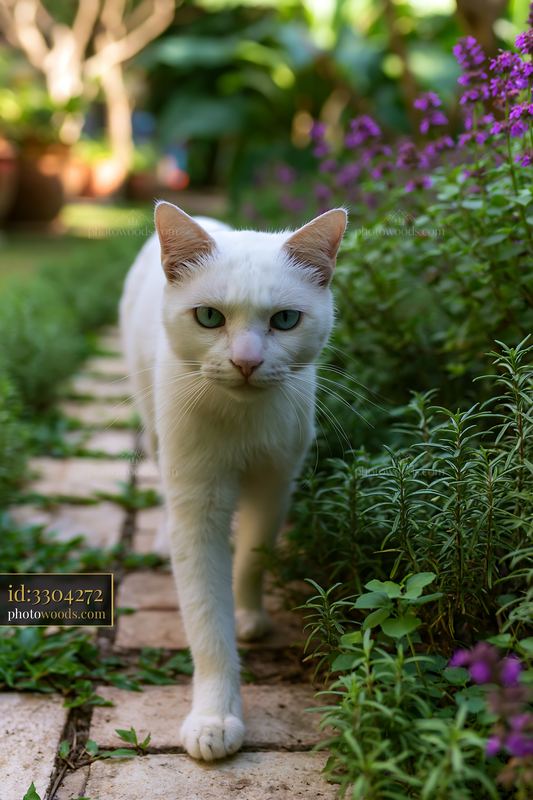 White Khao Manee cat walking through a flower garden