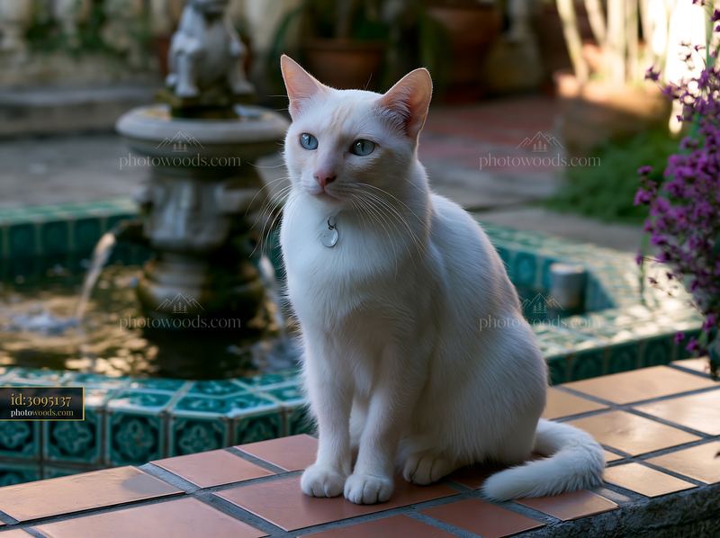 White Khao Manee cat sitting beside a garden fountain