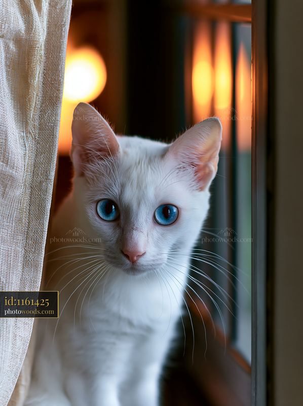 White Khao Manee cat with blue eyes looking through a window beside a sheer curtain.