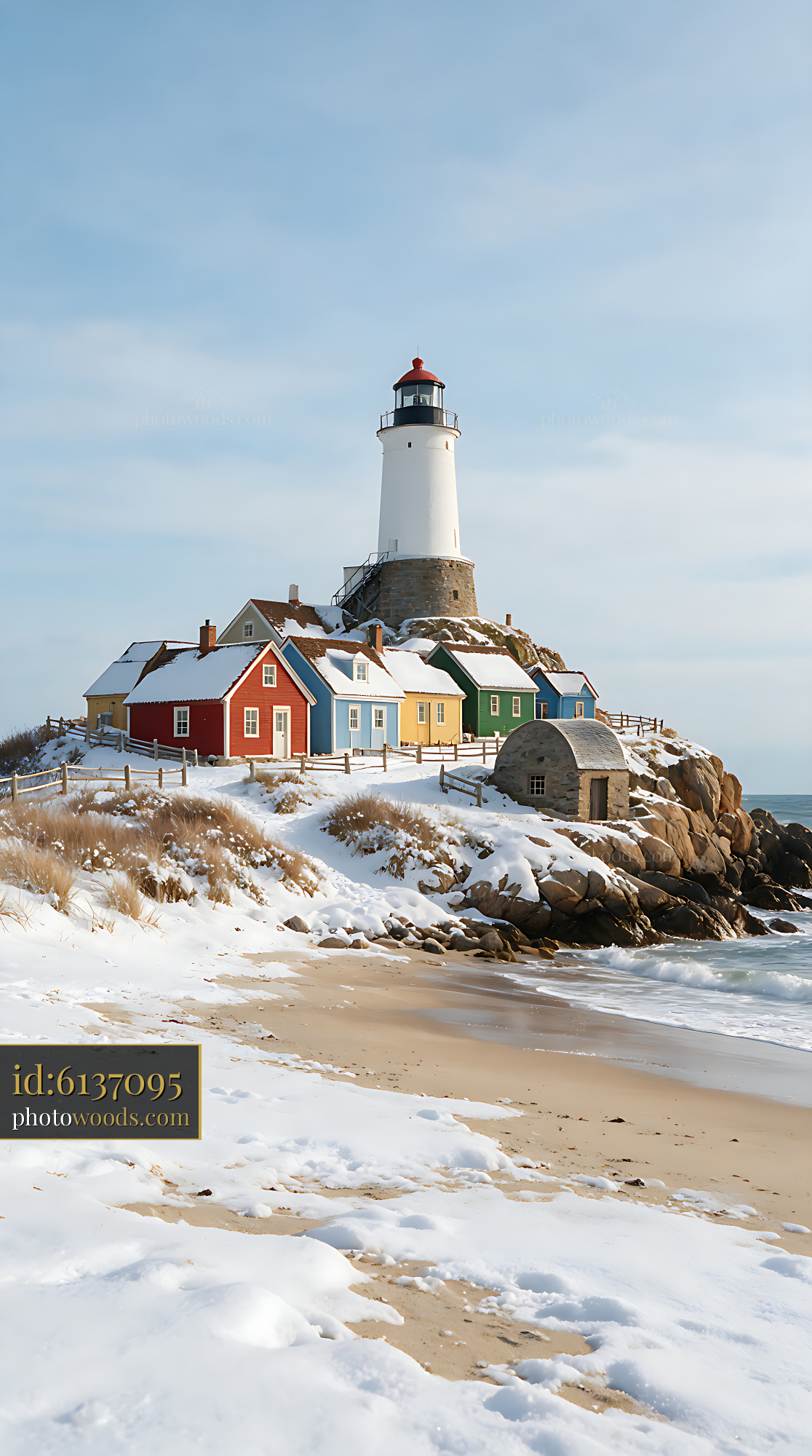 White lighthouse above colorful cottages on a snow-covered beach and rocky coastline