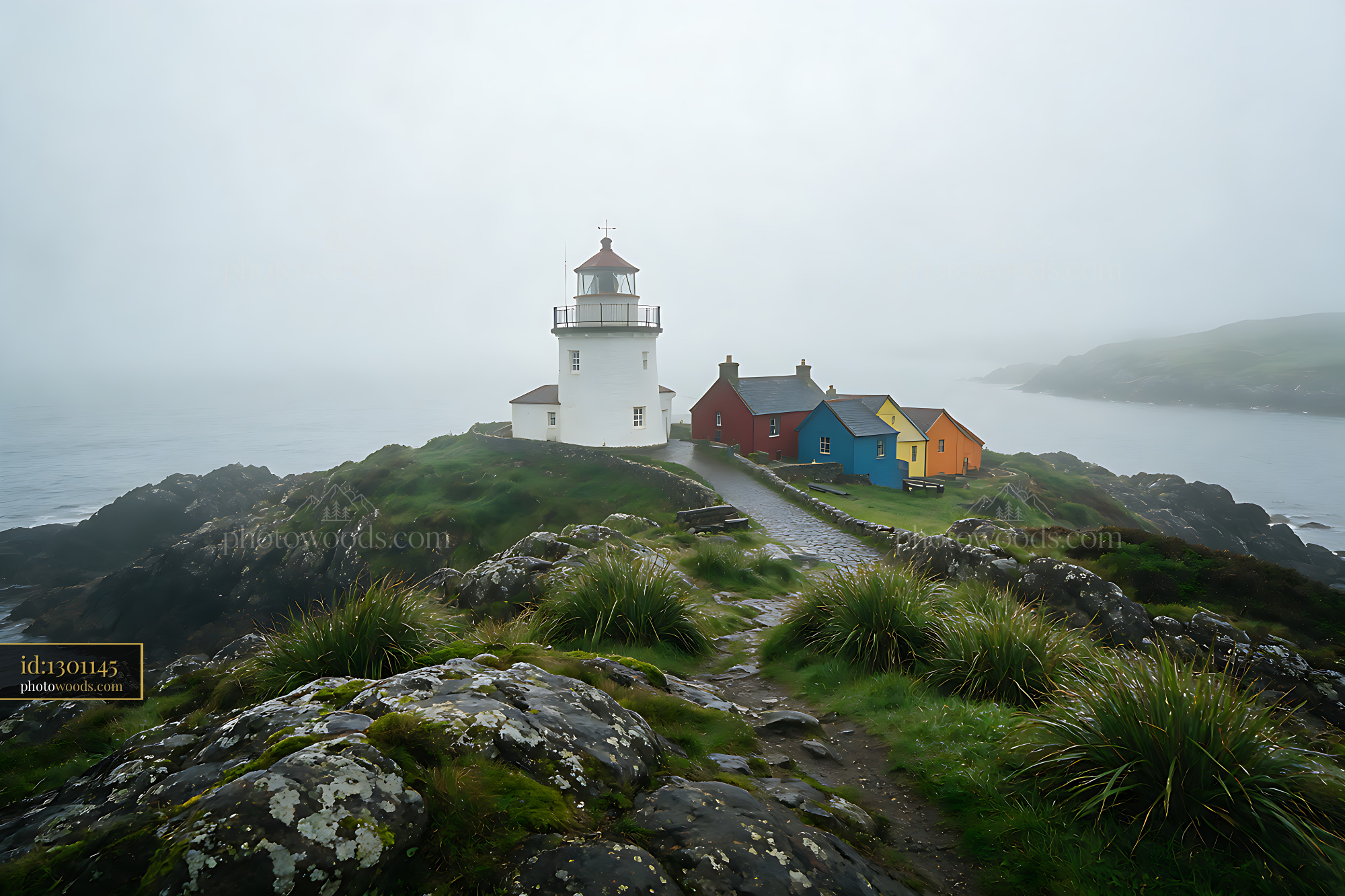 White lighthouse beside colorful cottages on a rocky, misty coast with calm water and green grass.