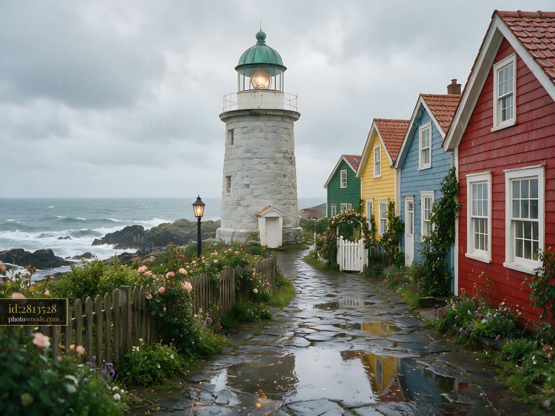 Lighthouse beside colorful seaside cottages on a rainy coast