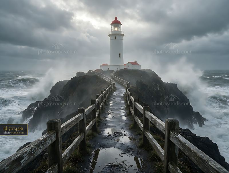 Lighthouse on rocky coast during a storm