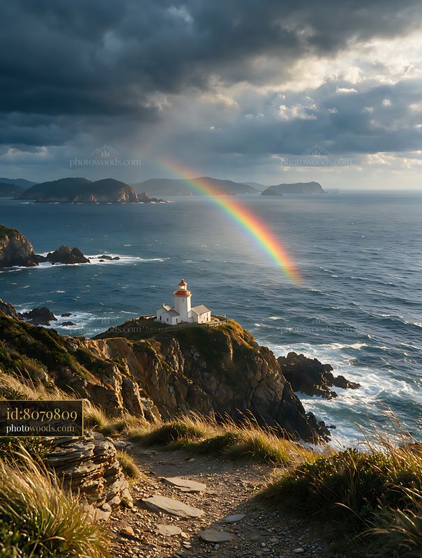Lighthouse with Rainbow Over a Rocky Ocean Coast