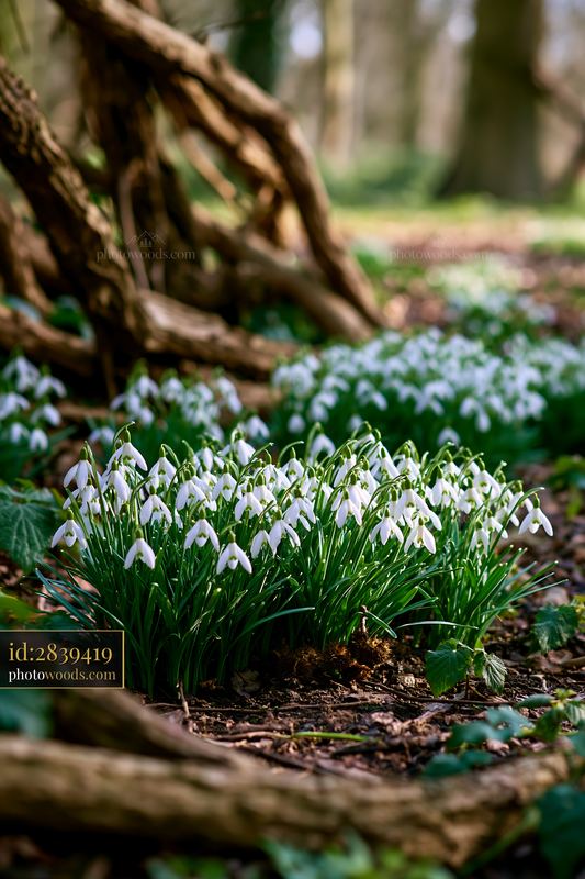Snowdrop flowers beneath trees in a woodland