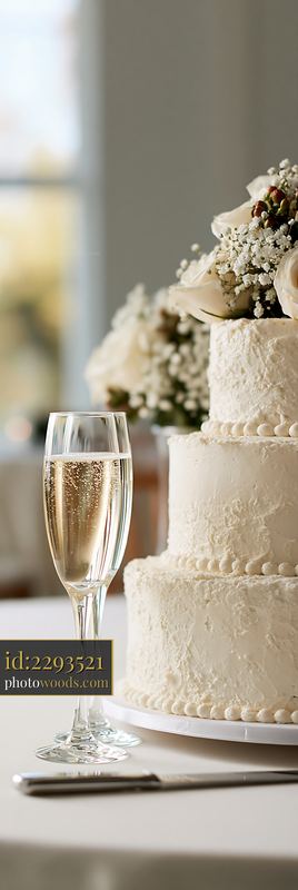 White wedding cake beside champagne glasses and flowers