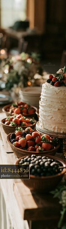Wedding cake with fresh berries on a dessert table