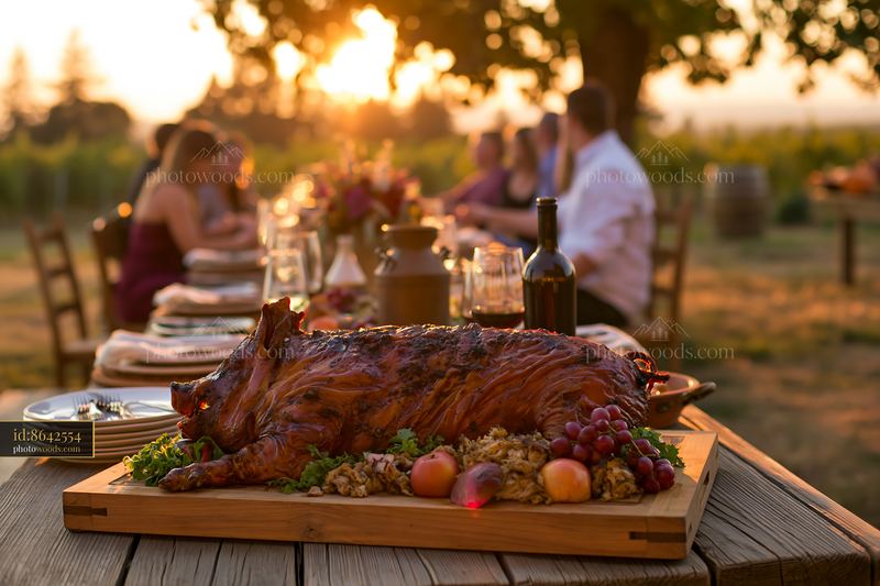 Whole roasted pig served at rustic feast with guests at sunset