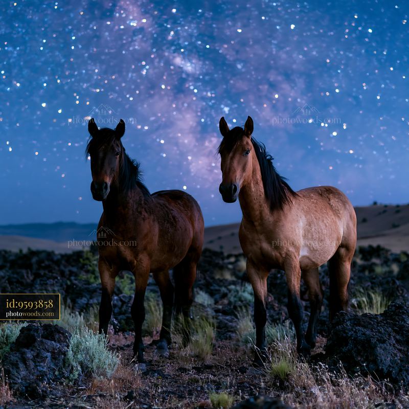 Wild horses stand near volcanic rocks under a starry sky