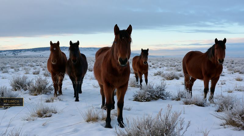 Wild horses walking through a snowy meadow at dawn