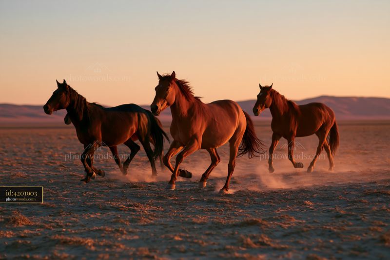 Wild horses galloping across a desert plain at sunset