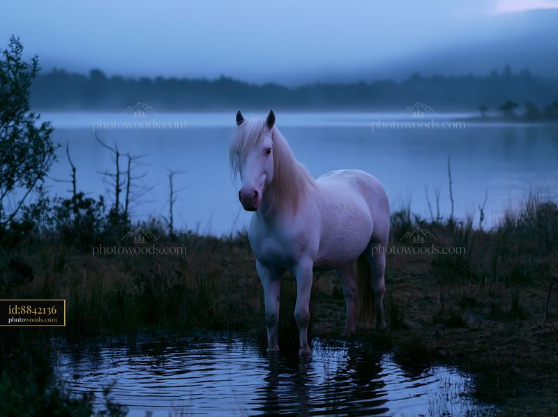 Wild horses beside a nighttime lake in a tranquil setting